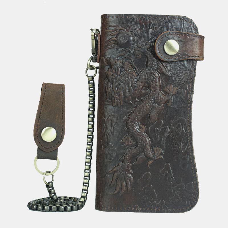 Męskie Genuine Leather 3d Dragon Tiger Pattern Anti-theft Retro Multi-slot Holder Portfel Z Brelokiem