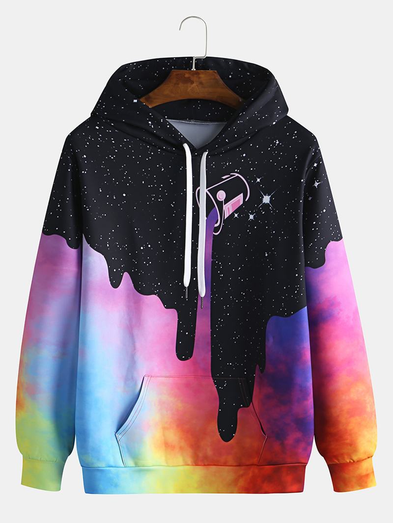 Męskie Gwiaździste Niebo Wzór Tie Dye Kangur Kieszeń Z Długim Rękawem Casual Bluzy