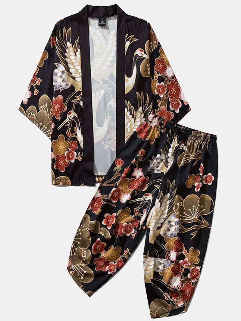 Męskie Japońskie Kimono Z Kwiatowym Nadrukiem Z Żurawiem Z Otwartym Przodem I Spodniami