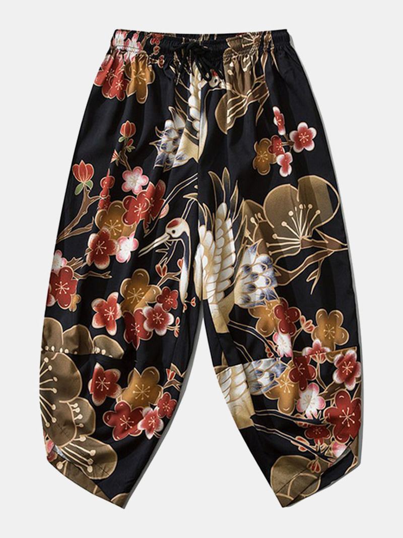 Męskie Japońskie Kimono Z Kwiatowym Nadrukiem Z Żurawiem Z Otwartym Przodem I Spodniami