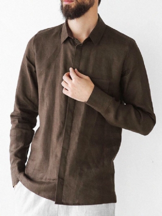 Męskie Jednokolorowe Podstawowe Klapy Z Długim Rękawem 100% Bawełniane Koszule Z Kieszenią