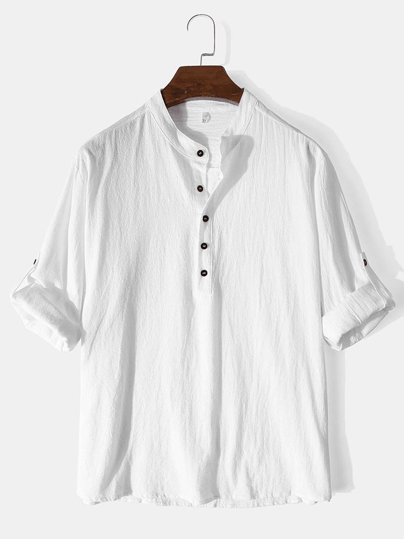 Męskie Jednokolorowe Wysokie Niskie Bawełniane Koszule Henley Z Długim Rękawem