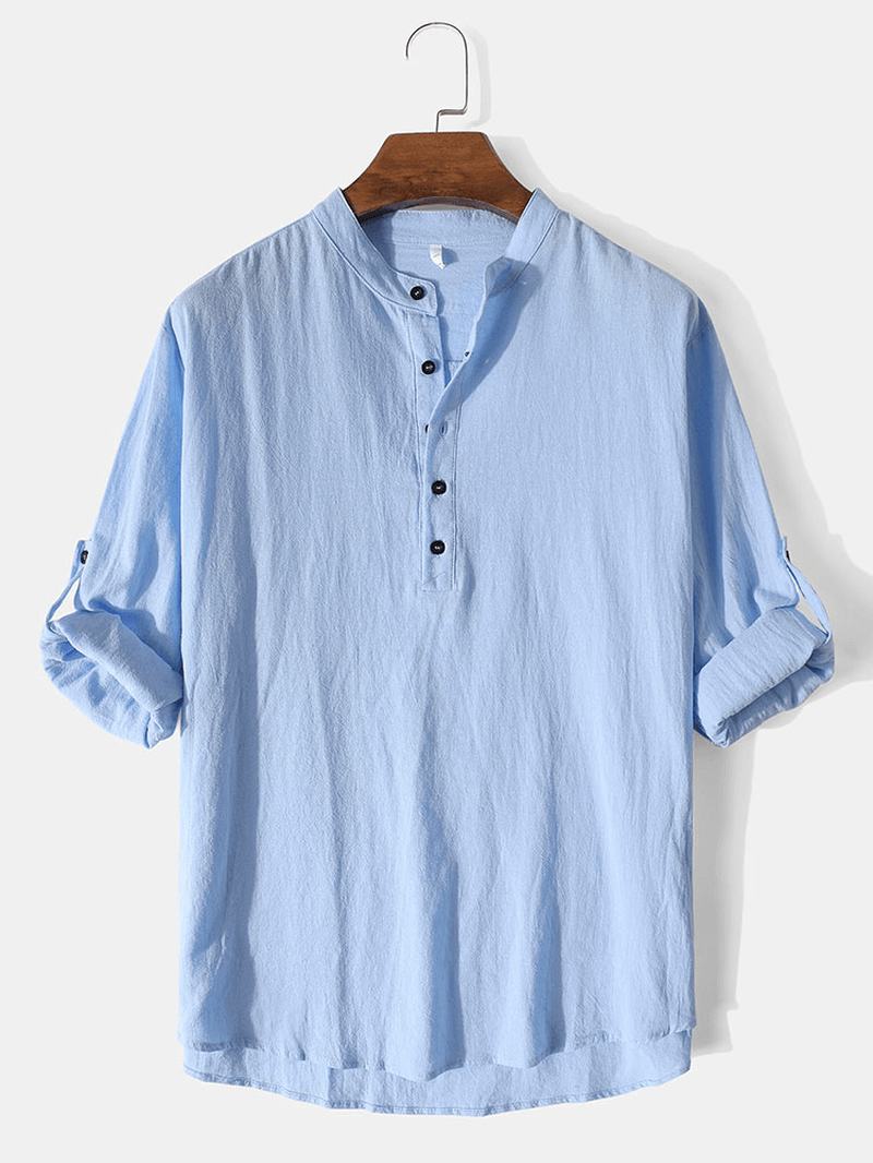Męskie Jednokolorowe Wysokie Niskie Bawełniane Koszule Henley Z Długim Rękawem