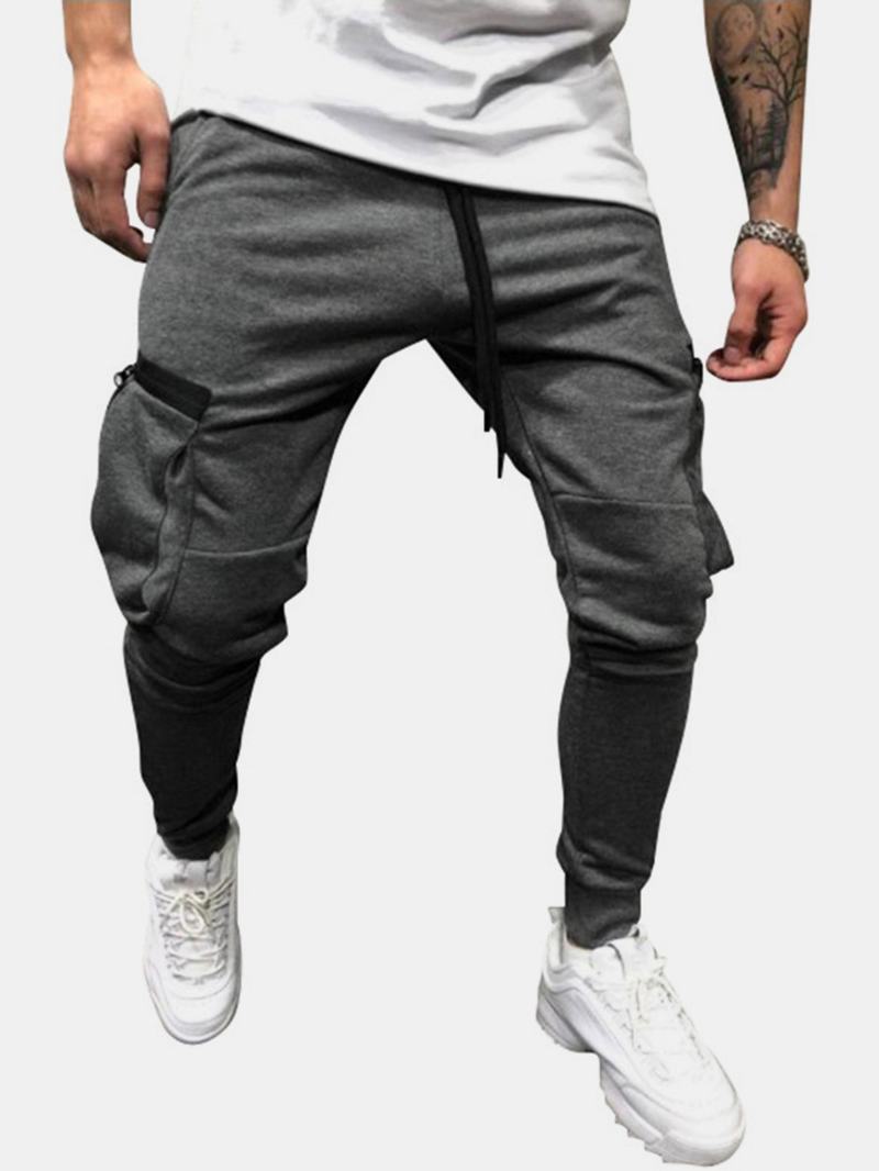 Męskie Kieszenie Na Suwak Sznurek W Talii Casual Solid Jogger Pants