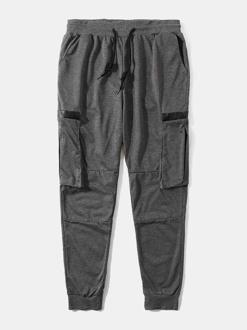 Męskie Kieszenie Na Suwak Sznurek W Talii Casual Solid Jogger Pants