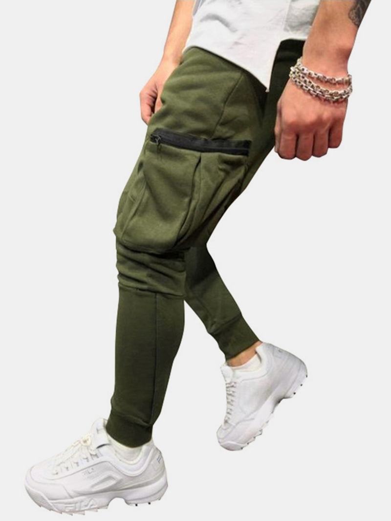 Męskie Kieszenie Na Suwak Sznurek W Talii Casual Solid Jogger Pants