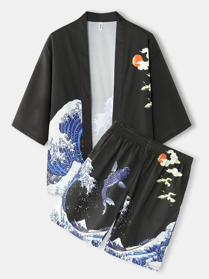 Męskie Kimono Fale I Wzór CZapki Japońskie Dwuczęściowe Stroje Z Elastyczną Talią