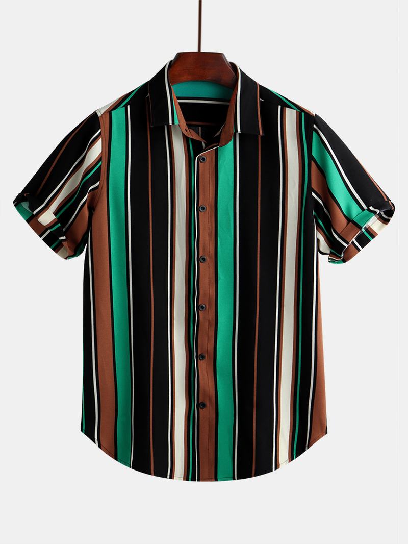 Męskie Kolorowe Paski Z Krótkim Rękawem Casual Holiday Shirts