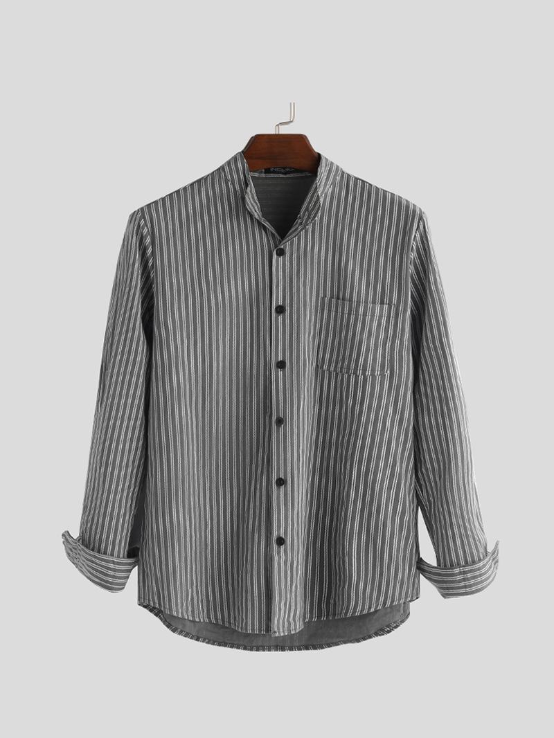 Męskie Koszule Bez Kołnierzyka Vintage Striped Shirt Grandad Button Dół Lniany Luźny Top