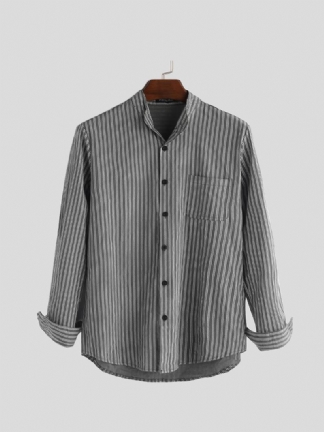 Męskie Koszule Bez Kołnierzyka Vintage Striped Shirt Grandad Button Dół Lniany Luźny Top