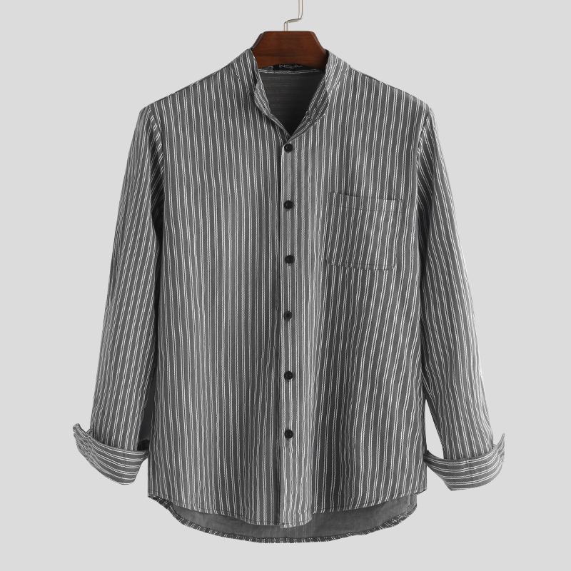 Męskie Koszule Bez Kołnierzyka Vintage Striped Shirt Grandad Button Dół Lniany Luźny Top