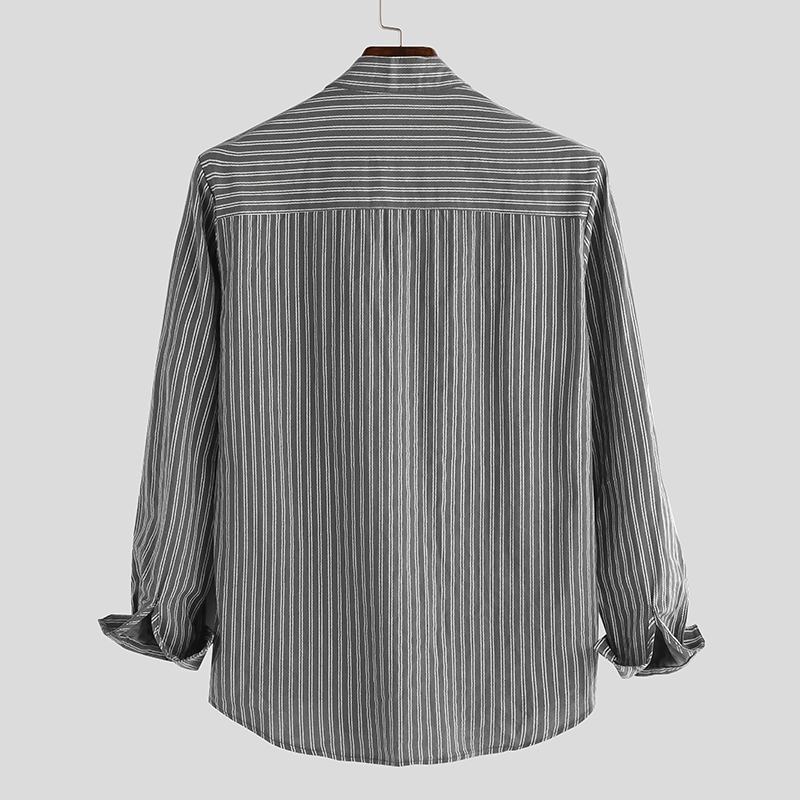 Męskie Koszule Bez Kołnierzyka Vintage Striped Shirt Grandad Button Dół Lniany Luźny Top