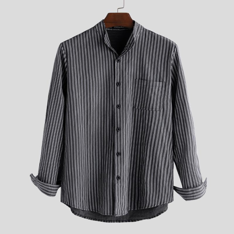 Męskie Koszule Bez Kołnierzyka Vintage Striped Shirt Grandad Button Dół Lniany Luźny Top