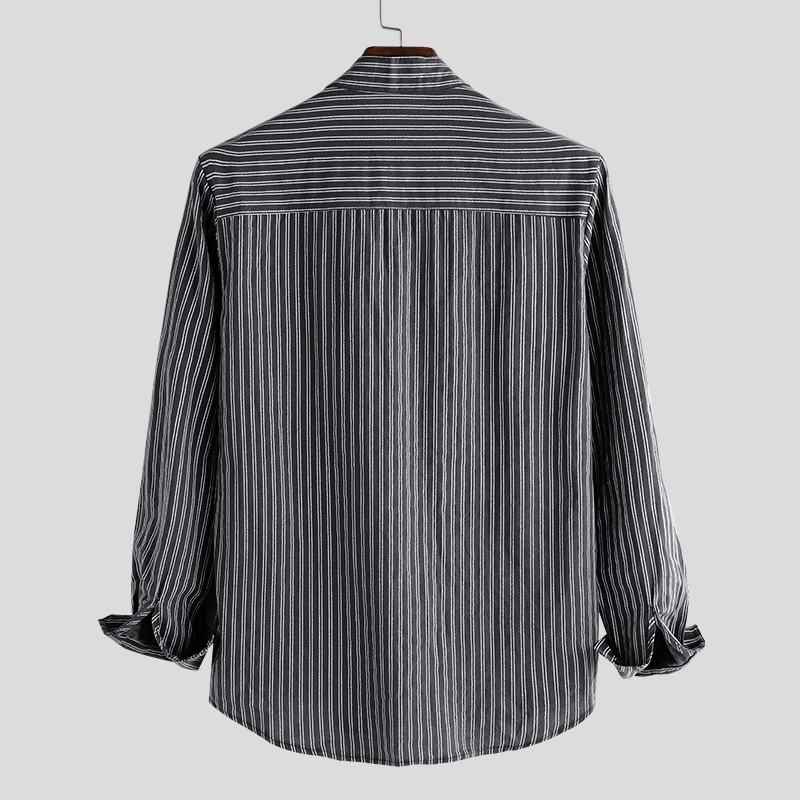 Męskie Koszule Bez Kołnierzyka Vintage Striped Shirt Grandad Button Dół Lniany Luźny Top