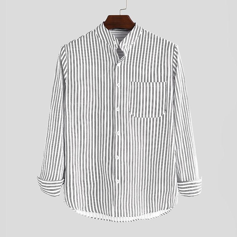 Męskie Koszule Bez Kołnierzyka Vintage Striped Shirt Grandad Button Dół Lniany Luźny Top