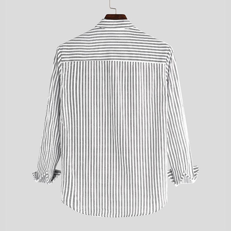 Męskie Koszule Bez Kołnierzyka Vintage Striped Shirt Grandad Button Dół Lniany Luźny Top