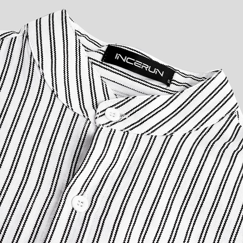 Męskie Koszule Bez Kołnierzyka Vintage Striped Shirt Grandad Button Dół Lniany Luźny Top