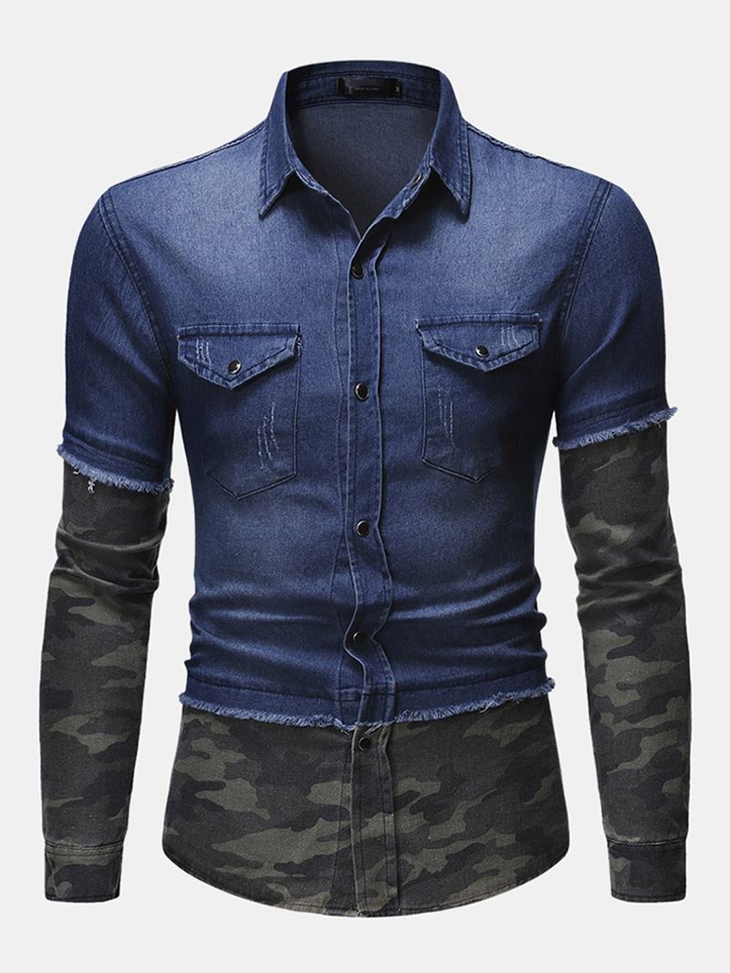 Męskie Koszule Dżinsowe Z Długimi Rękawami W Kamuflażu Trend Osobowości Podwójna Kieszeń Denim