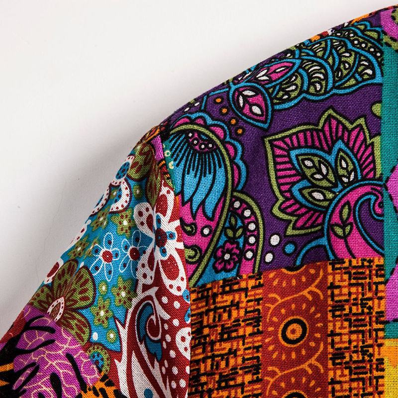 Męskie Koszule Henley W Stylu Etnicznym Patchwork Kwiatowy Nadruk