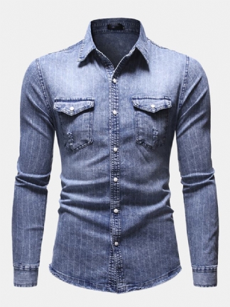 Męskie Koszule W Paski Z Podwójnymi Kieszeniami W Stylu Vintage Z Długim Rękawem I Długim Rękawem