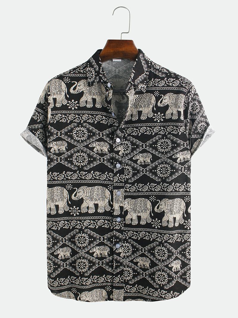 Męskie Koszule Z Krótkim Rękawem Z Etnicznym Nadrukiem Słonia