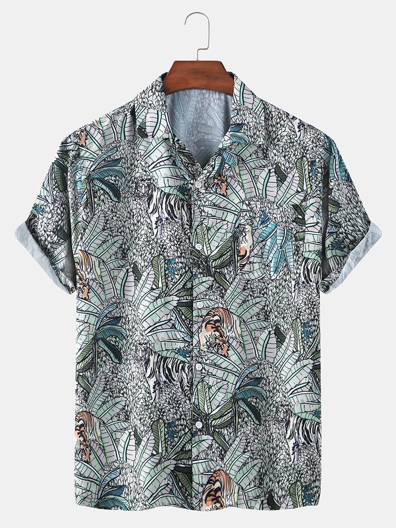 Męskie Koszule Z Nadrukiem W Tropikalne Liście Hawaii Casual Z Krótkim Rękawem