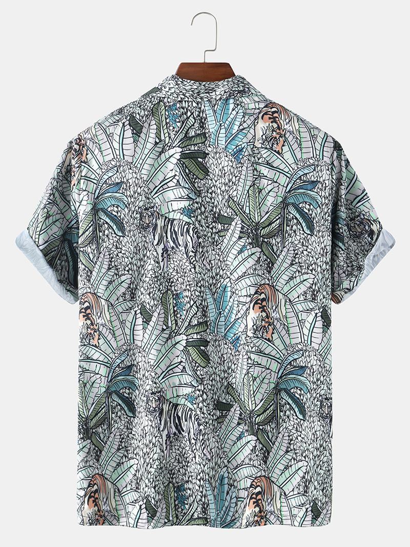 Męskie Koszule Z Nadrukiem W Tropikalne Liście Hawaii Casual Z Krótkim Rękawem