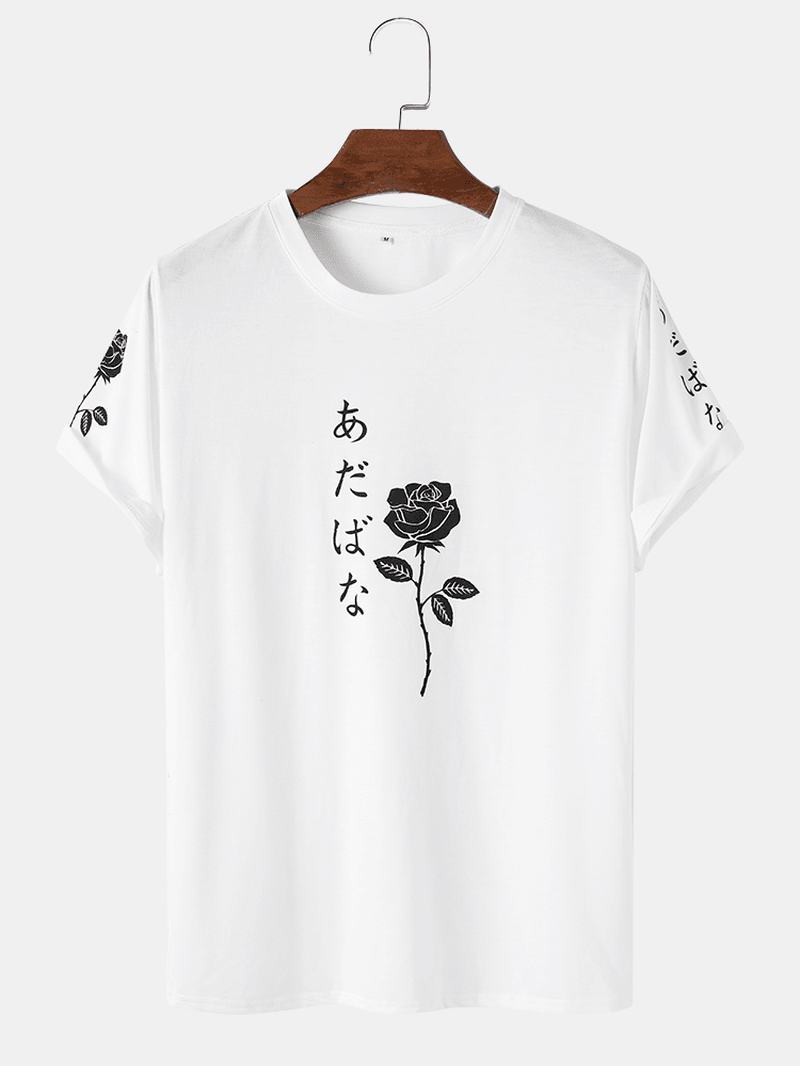 Męskie Koszulki Z Krótkim Rękawem Z Japońskimi Znakami I Nadrukiem Róży