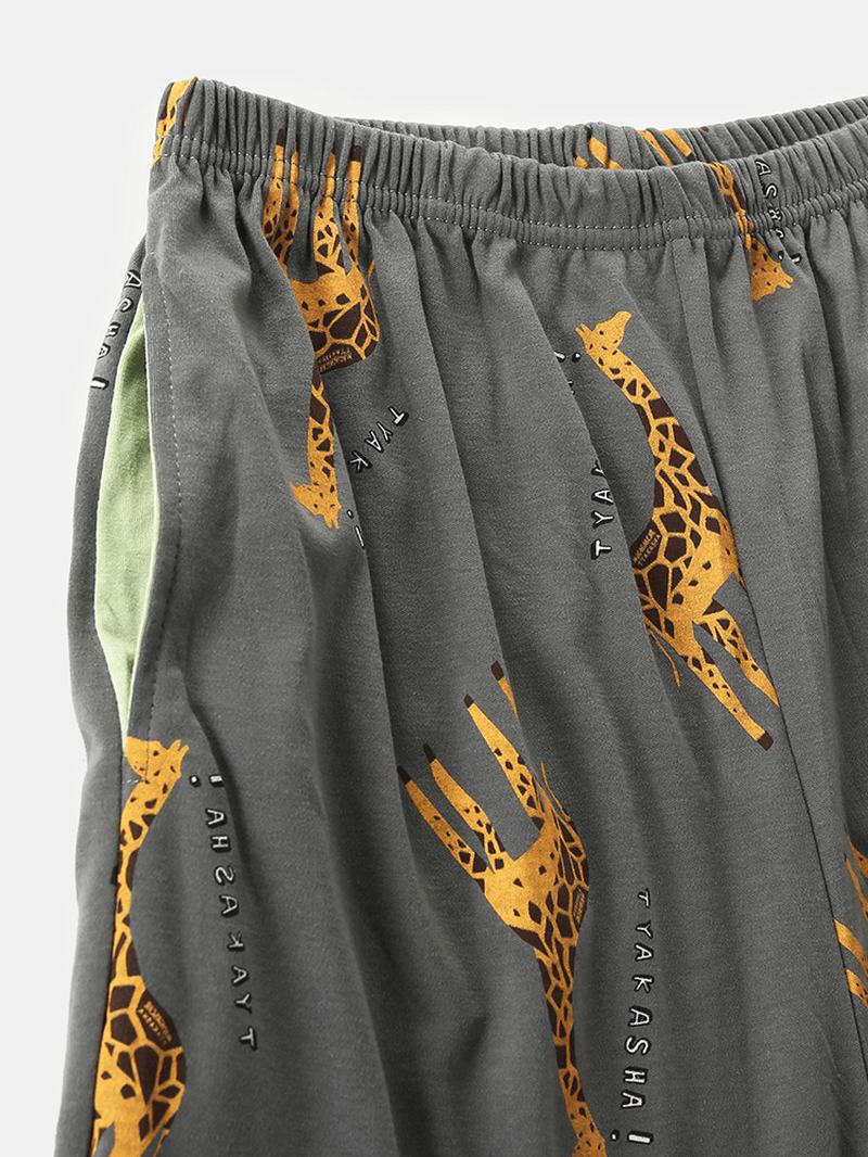 Męskie Kreskówki Żyrafa List Drukowanie Drop Shoulder Cotton Przytulne Zestawy Piżam