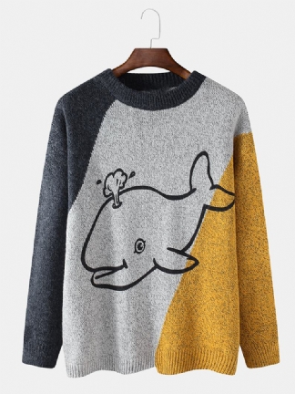 Męskie Kreskówki Wielorybów Graphics Colorblcok Z Długim Rękawem Śliczne Dzianinowe Swetry
