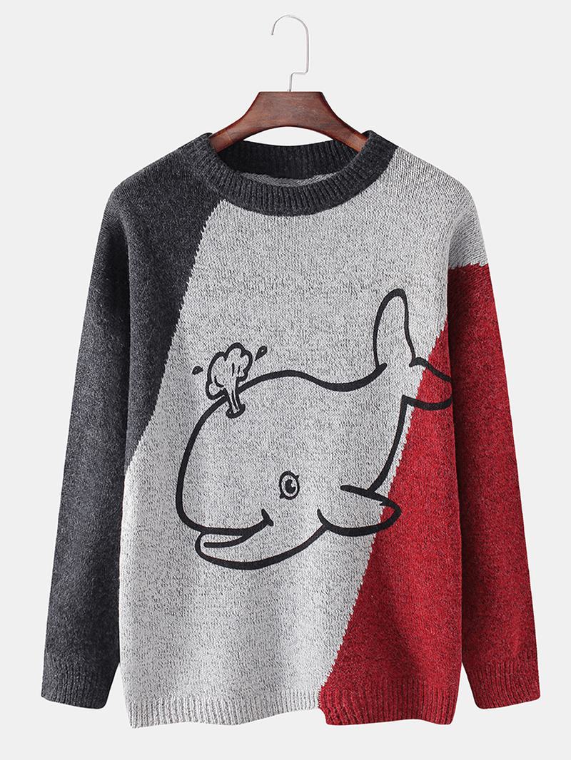 Męskie Kreskówki Wielorybów Graphics Colorblcok Z Długim Rękawem Śliczne Dzianinowe Swetry