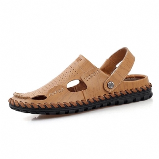 Męskie Letnie Skórzane Sandały Na Co Dzień Z Okrągłym Noskiem Outdoor Flat Moda Soft Beach Slipper