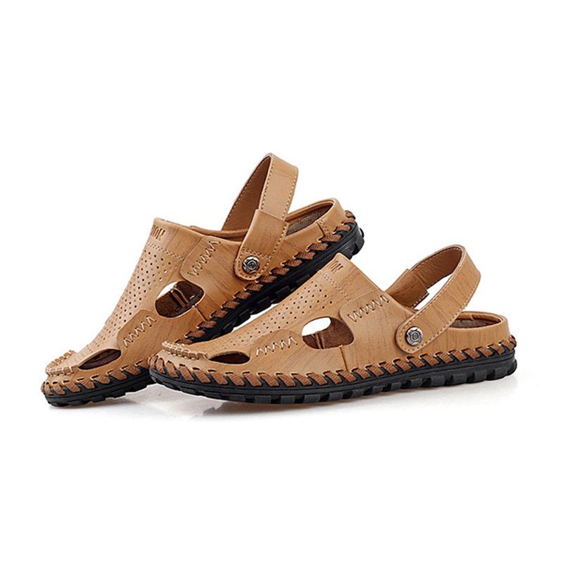 Męskie Letnie Skórzane Sandały Na Co Dzień Z Okrągłym Noskiem Outdoor Flat Moda Soft Beach Slipper