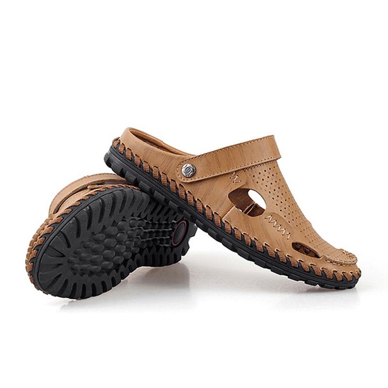 Męskie Letnie Skórzane Sandały Na Co Dzień Z Okrągłym Noskiem Outdoor Flat Moda Soft Beach Slipper