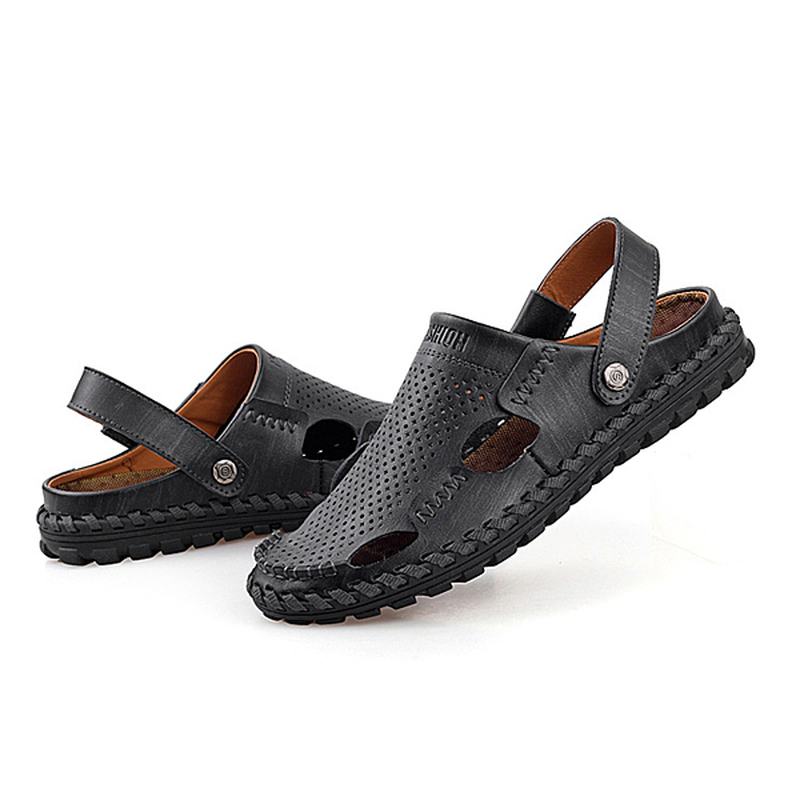 Męskie Letnie Skórzane Sandały Na Co Dzień Z Okrągłym Noskiem Outdoor Flat Moda Soft Beach Slipper