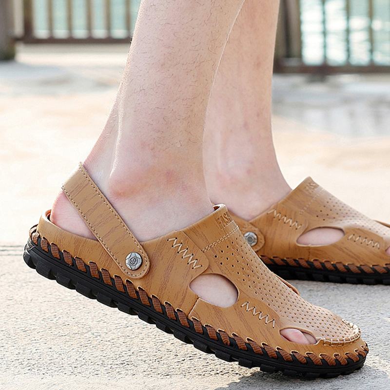 Męskie Letnie Skórzane Sandały Na Co Dzień Z Okrągłym Noskiem Outdoor Flat Moda Soft Beach Slipper