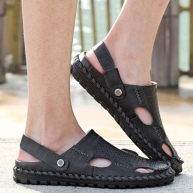 Męskie Letnie Skórzane Sandały Na Co Dzień Z Okrągłym Noskiem Outdoor Flat Moda Soft Beach Slipper