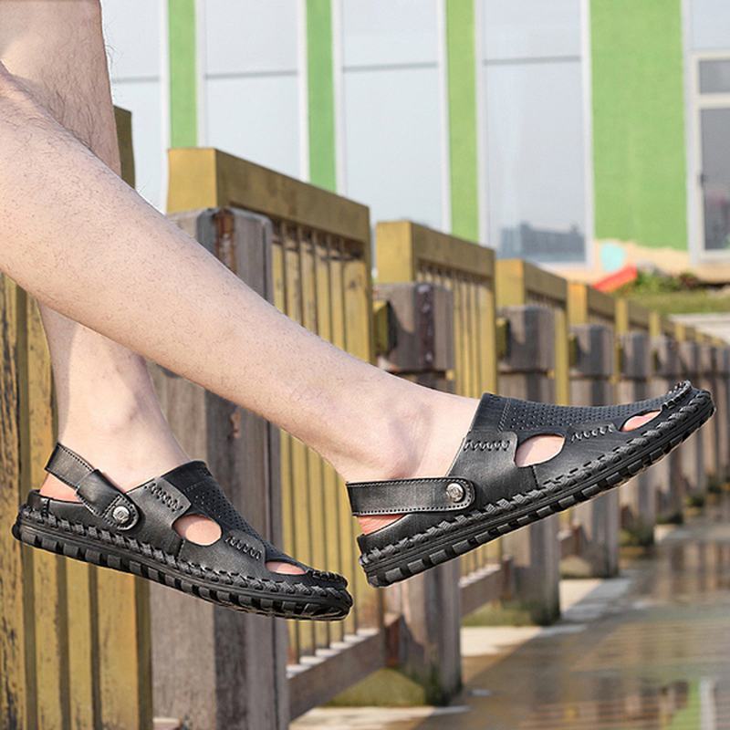 Męskie Letnie Skórzane Sandały Na Co Dzień Z Okrągłym Noskiem Outdoor Flat Moda Soft Beach Slipper