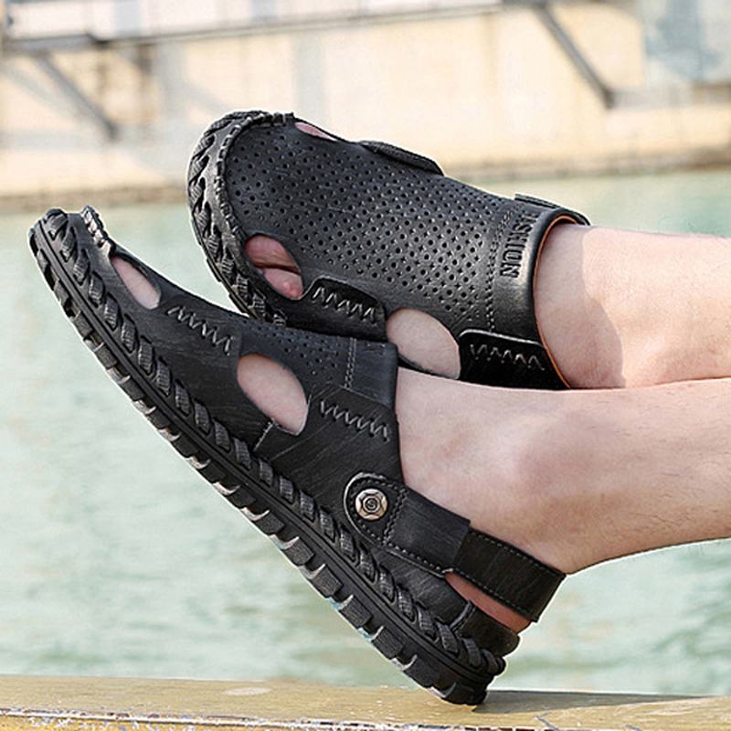 Męskie Letnie Skórzane Sandały Na Co Dzień Z Okrągłym Noskiem Outdoor Flat Moda Soft Beach Slipper