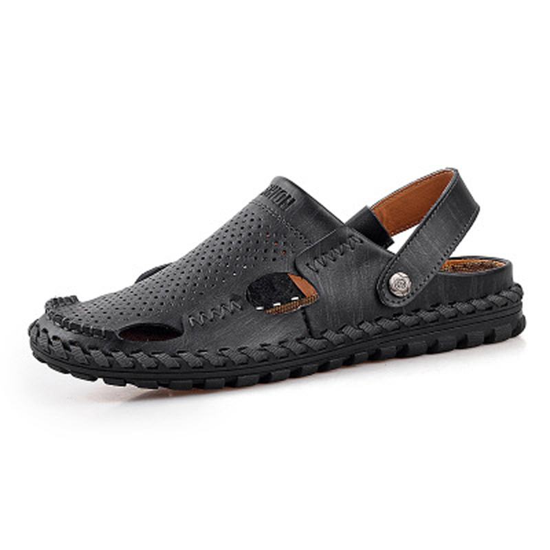 Męskie Letnie Skórzane Sandały Na Co Dzień Z Okrągłym Noskiem Outdoor Flat Moda Soft Beach Slipper