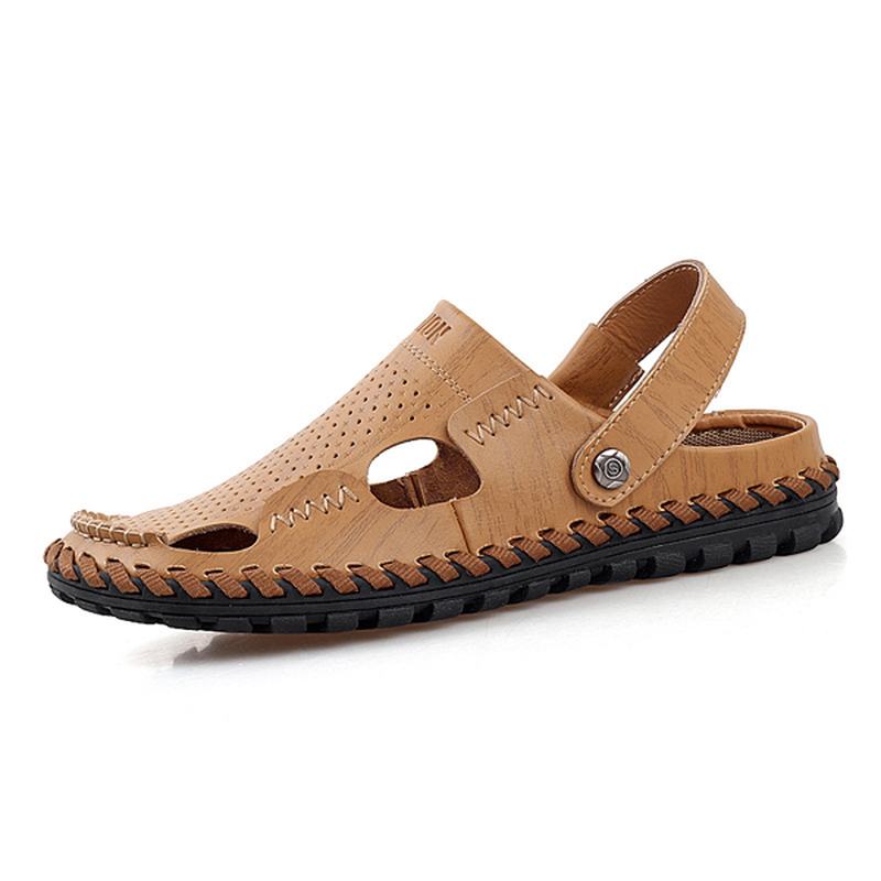 Męskie Letnie Skórzane Sandały Na Co Dzień Z Okrągłym Noskiem Outdoor Flat Moda Soft Beach Slipper