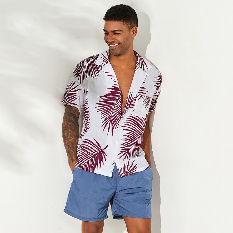 Męskie Liście Palmowe Z Nadrukiem 100% Bawełniane Hawajskie Koszule Plażowe