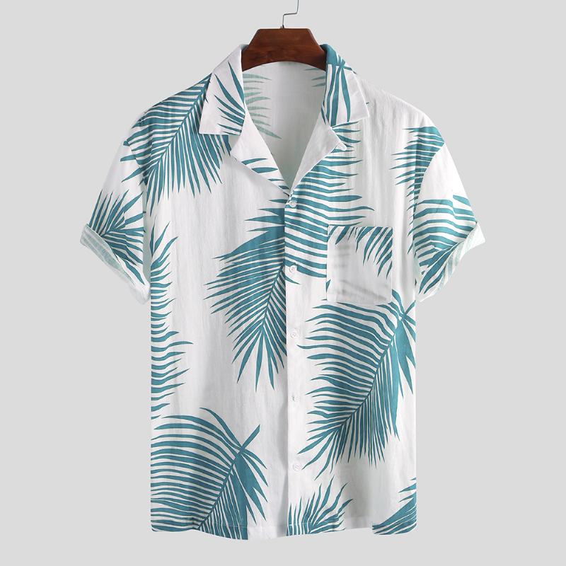 Męskie Liście Palmowe Z Nadrukiem 100% Bawełniane Hawajskie Koszule Plażowe