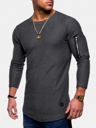 Męskie Oddychające Jednokolorowe Nieregularne Brzegi Na Zamek Błyskawiczny O-neck Z Długim Rękawem Slim Casual T-shirty