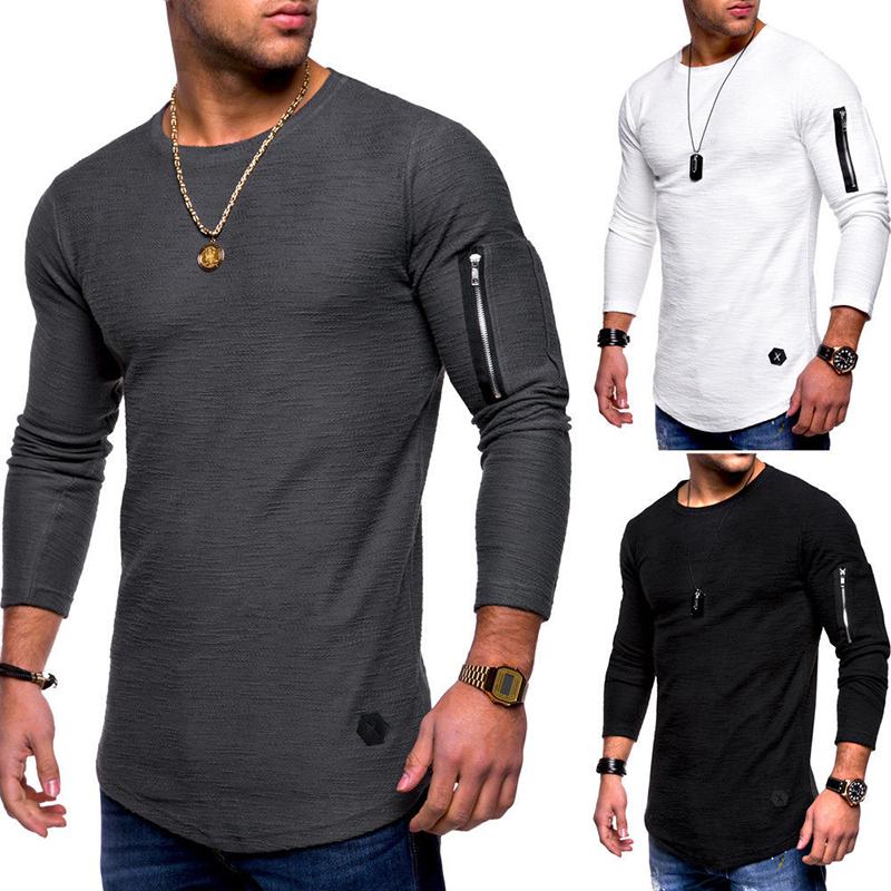 Męskie Oddychające Jednokolorowe Nieregularne Brzegi Na Zamek Błyskawiczny O-neck Z Długim Rękawem Slim Casual T-shirty