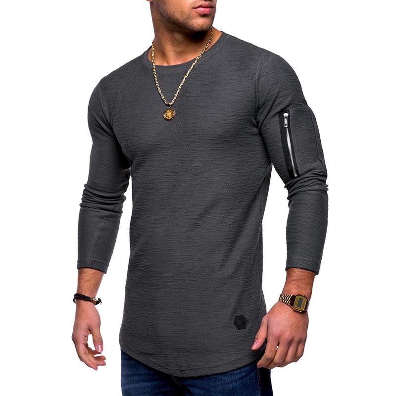 Męskie Oddychające Jednokolorowe Nieregularne Brzegi Na Zamek Błyskawiczny O-neck Z Długim Rękawem Slim Casual T-shirty