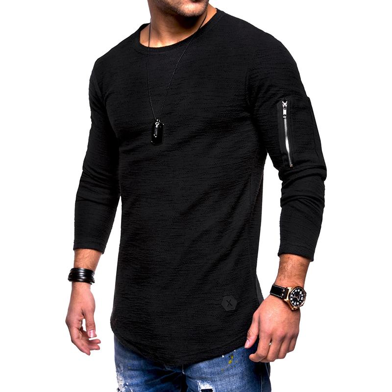 Męskie Oddychające Jednokolorowe Nieregularne Brzegi Na Zamek Błyskawiczny O-neck Z Długim Rękawem Slim Casual T-shirty