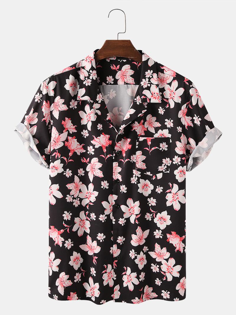 Męskie Oddychające Koszule Z Krótkim Rękawem I Kwiatowym Nadrukiem Peach Blossom