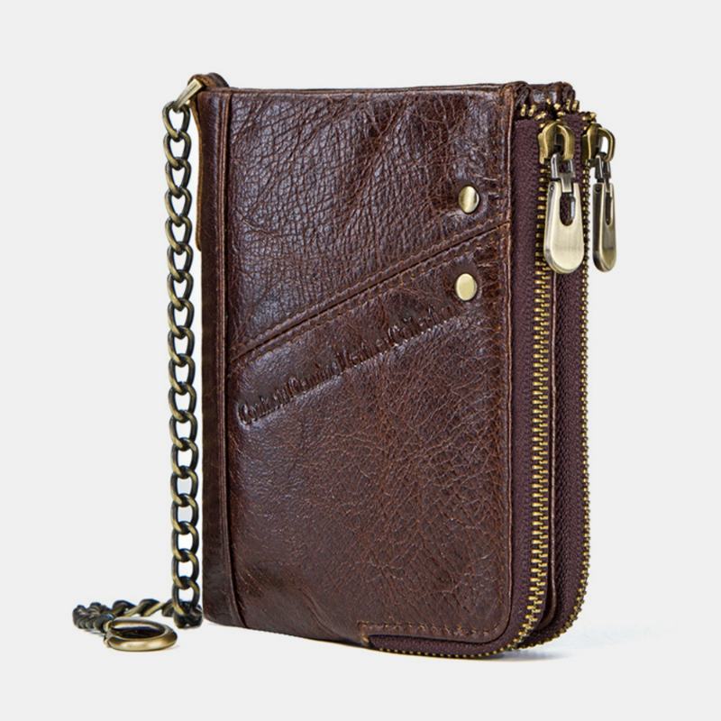 Męskie Oryginalne Skórzane Blokowanie Anti-theft Vintage Zipper Coin Bag Card Holder Chain Wallet