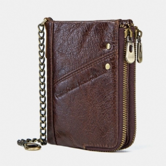 Męskie Oryginalne Skórzane Blokowanie Anti-theft Vintage Zipper Coin Bag Card Holder Chain Wallet